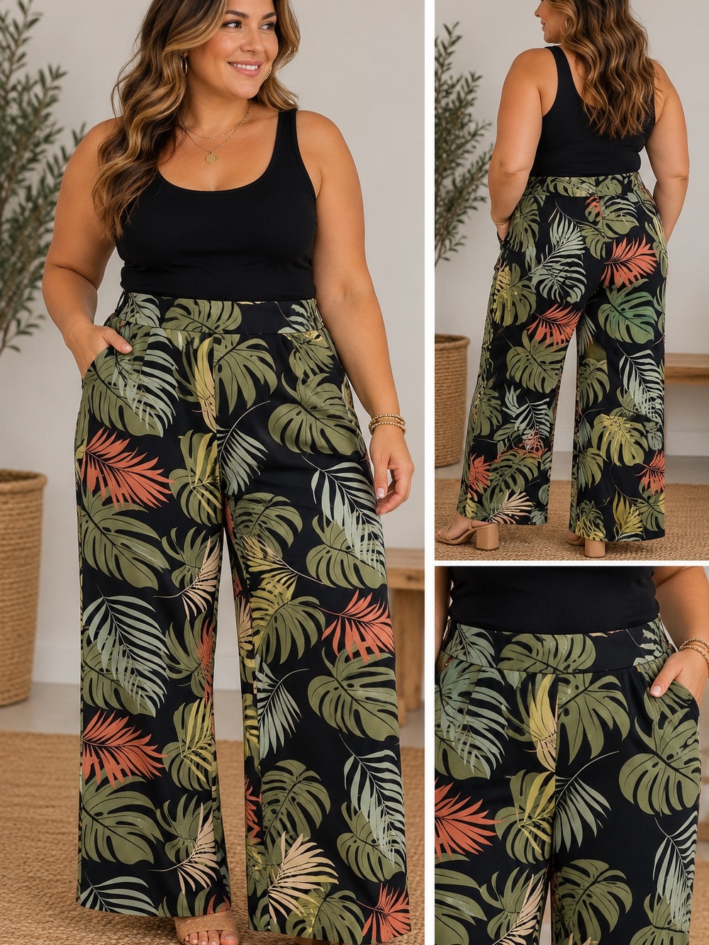 Wide-Leg Tropical Print Pants - Black